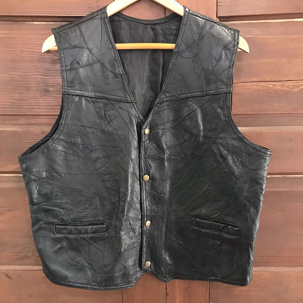 Duke Haband Men’s Leather Vest Xl Black Patchwork Biker Western Cowboy Vintage